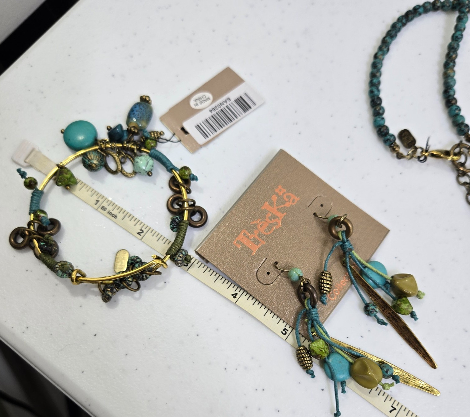 Treska Necklace Earrings Set Bracelet Blue Green Beaded Long Boho Gold Tone