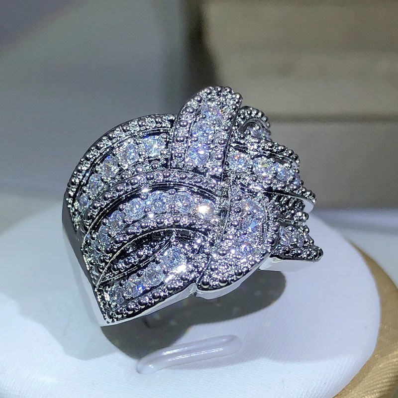 Sterling Silver Band Ring Simulated Zirconia Pave Set Wedding Women Jewelry