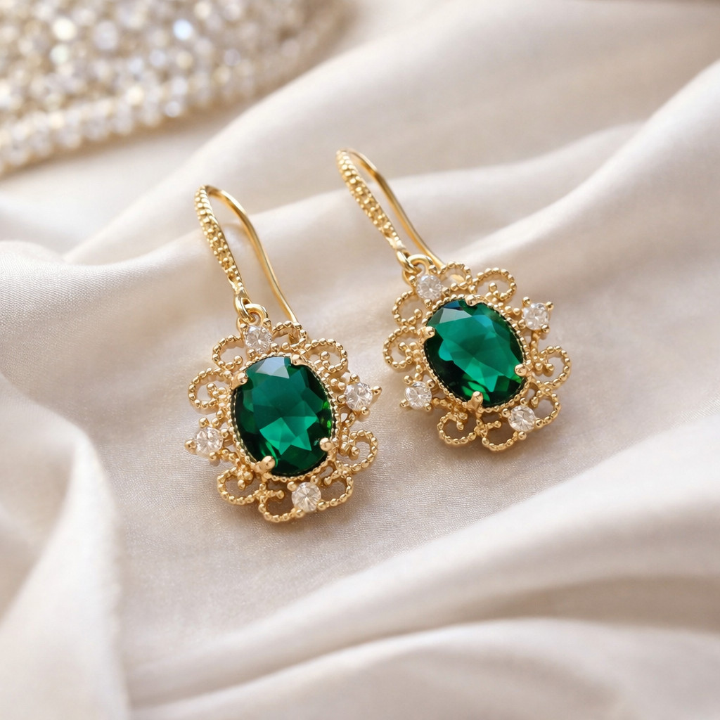 Regency Gold Plated Emerald Green Drop Earrings Vintage Bridal Jewelry Elegant