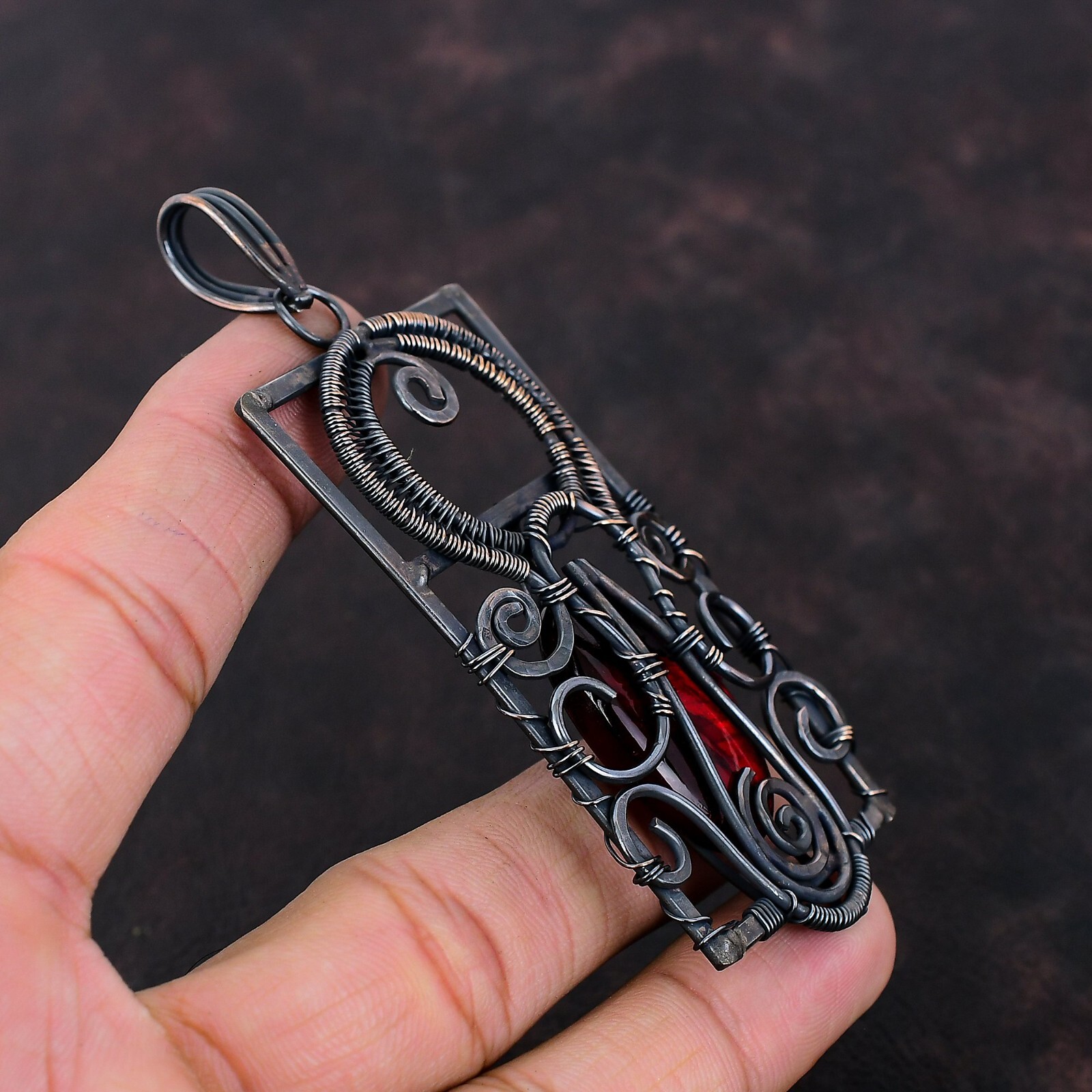 Red Fire Labradorite Copper Gift For Bridesmaid Wire Wrapped Pendant 3.7″