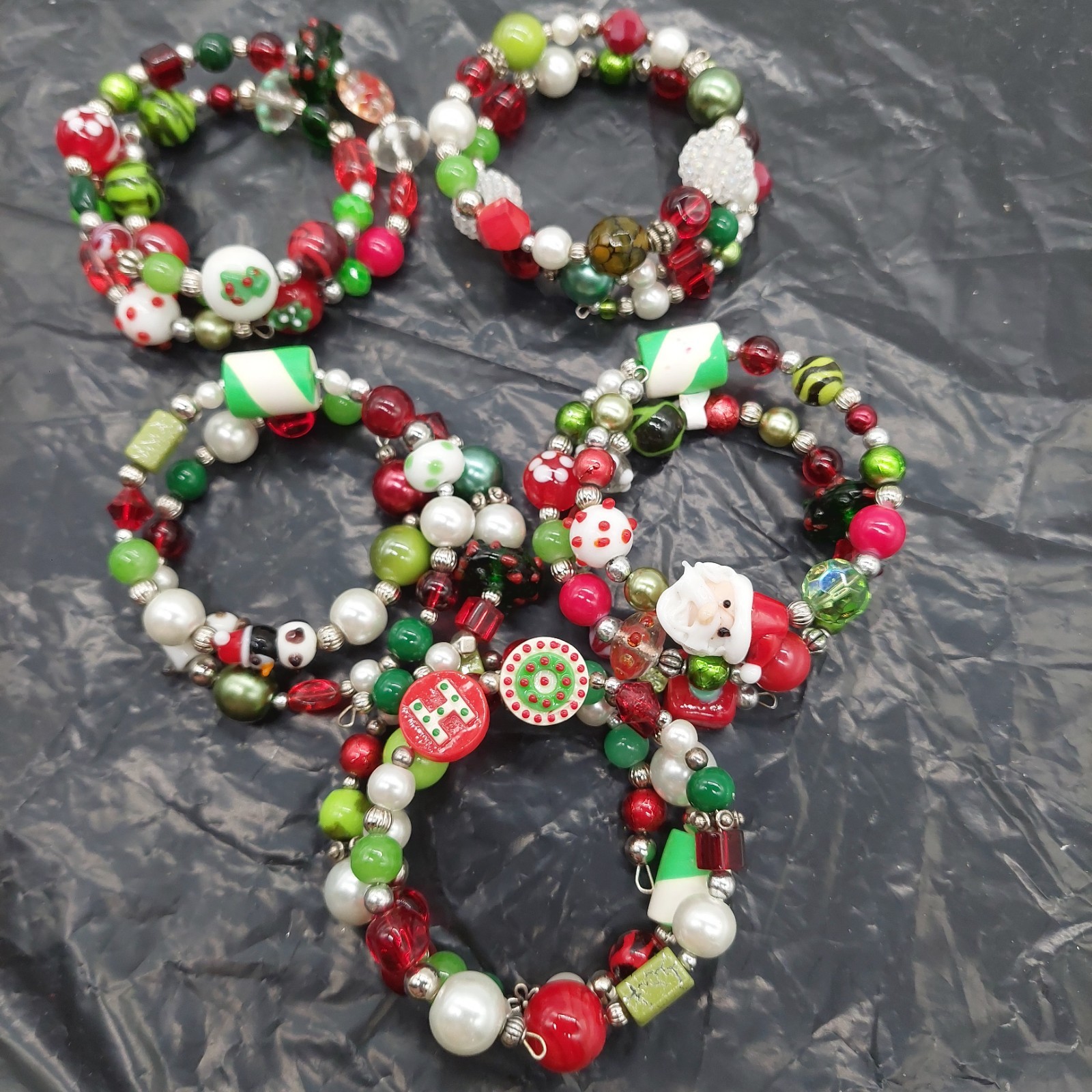 Christmas Multi-color Plastic Glass Bead Coil Stretch Bracelet Lot Of 5