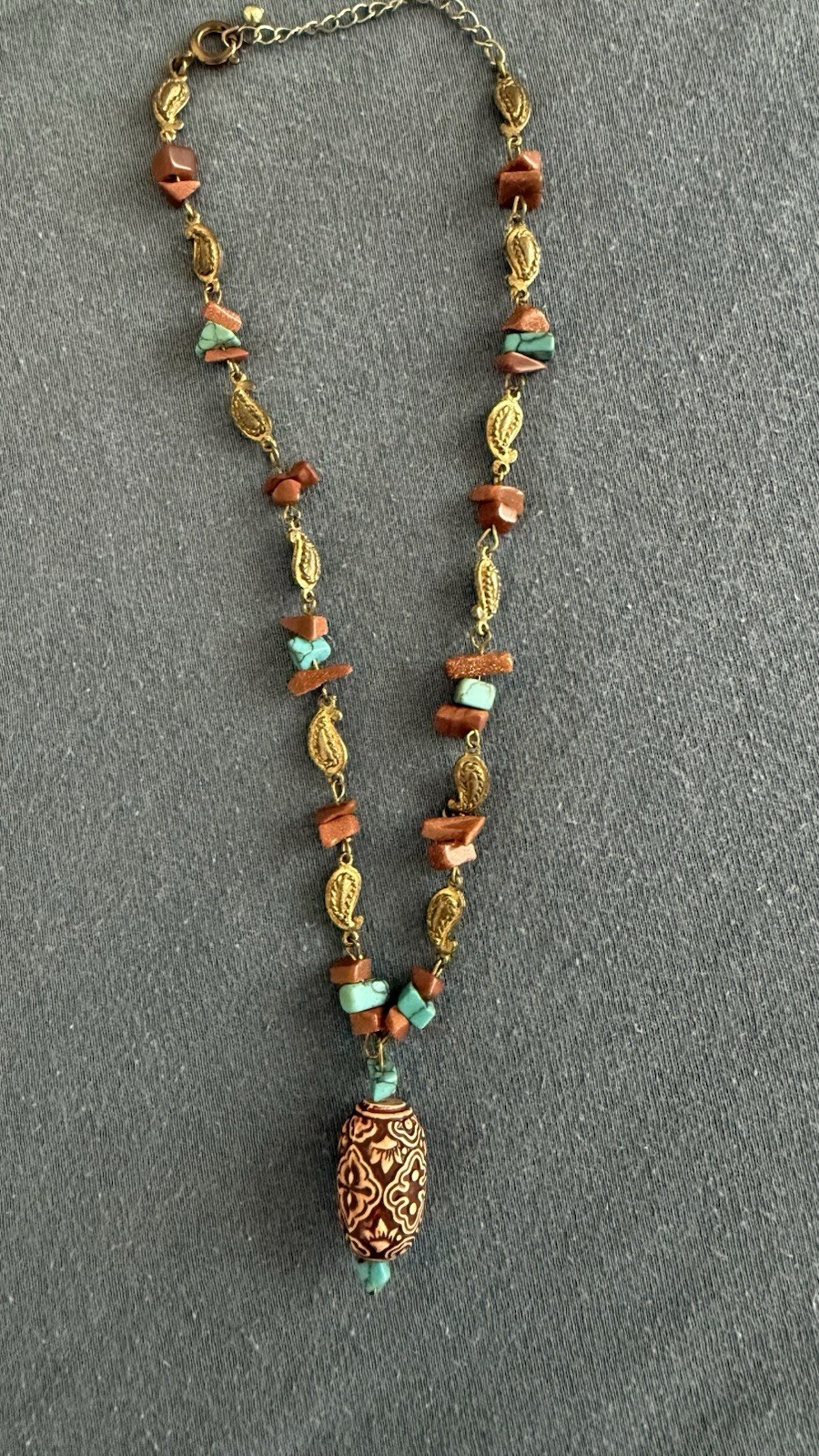 Bohemian Beaded Necklace & Earrings Jewelry Set Gold Tone Red Turquoise