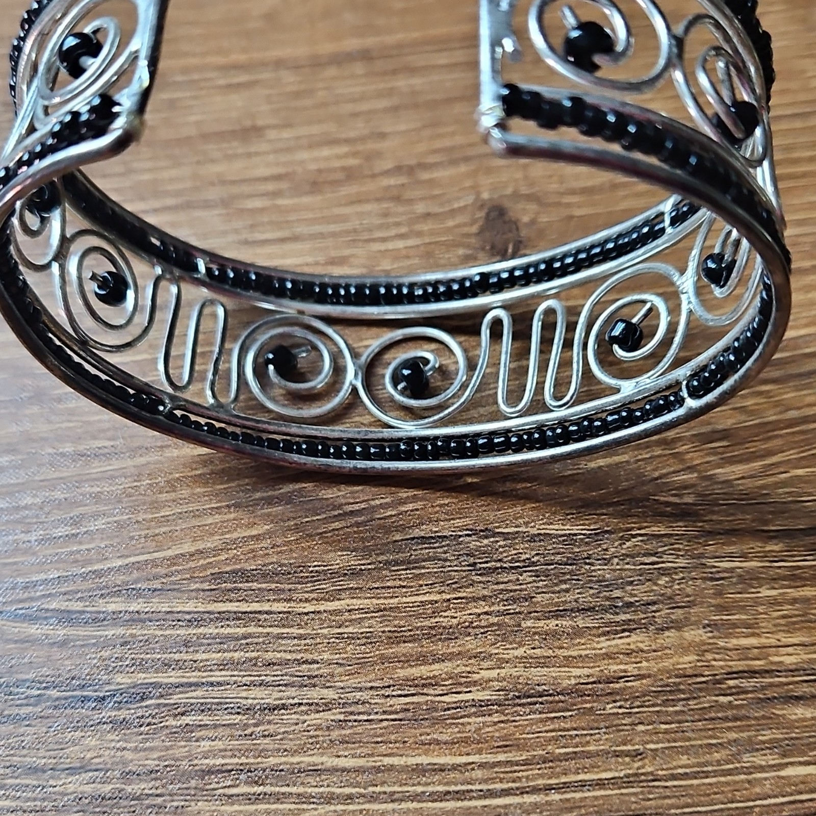 Adjustable Silver Black Metal Wire Cuff Bracelet, Sizable, Less Than 8 in