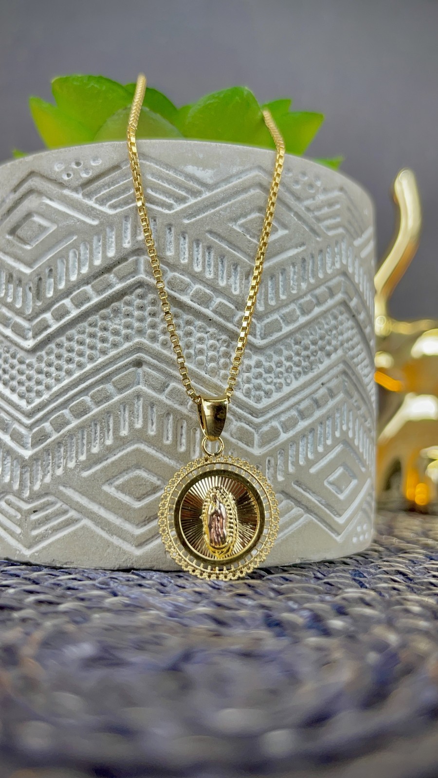 Box Link Chain 17″ With Virgen de Guadalupe Pendant Necklace 17x15mm for Womens