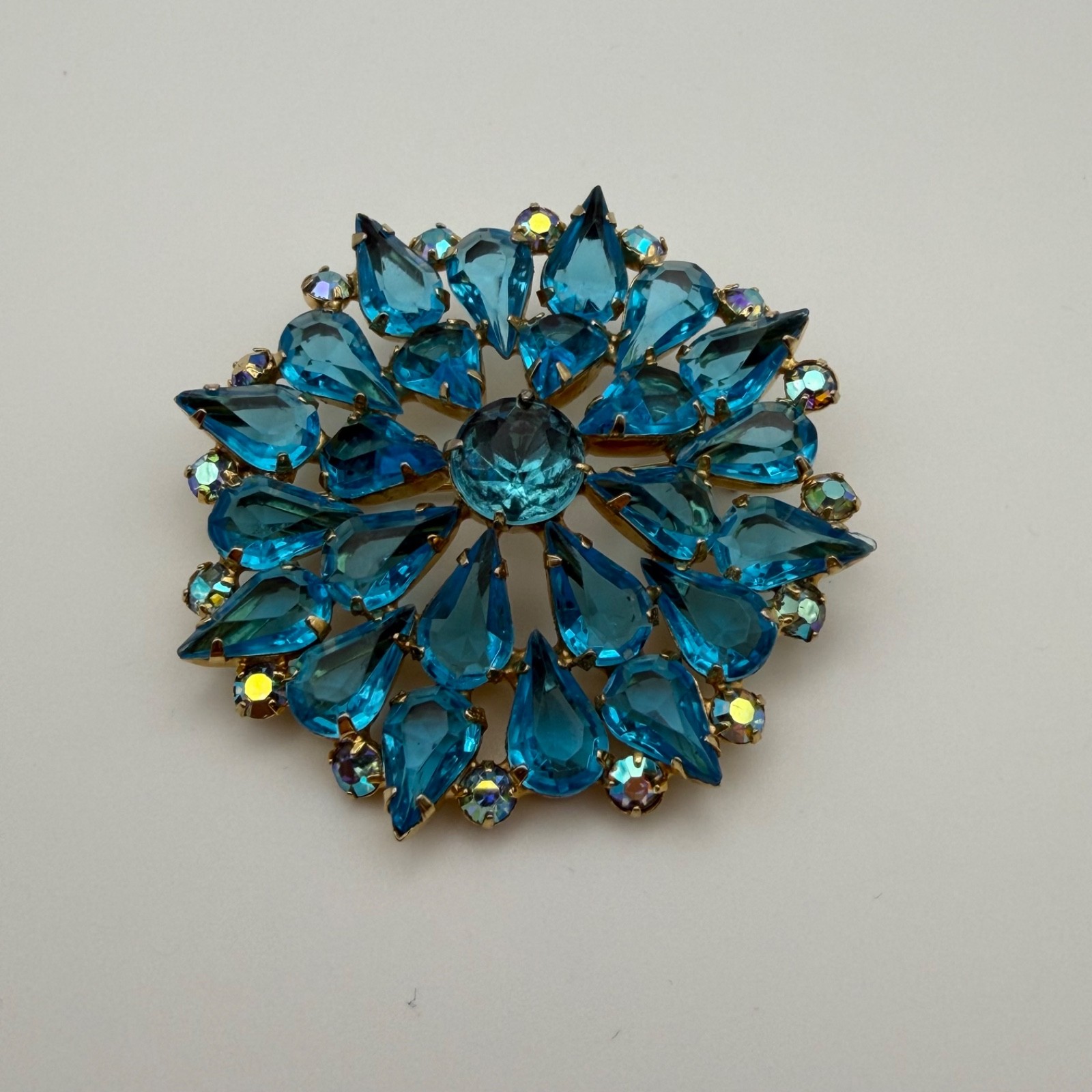 Vintage Aqua Blue Teardrop Rhinestone Wreath Brooch AB Crystal Statement Pin