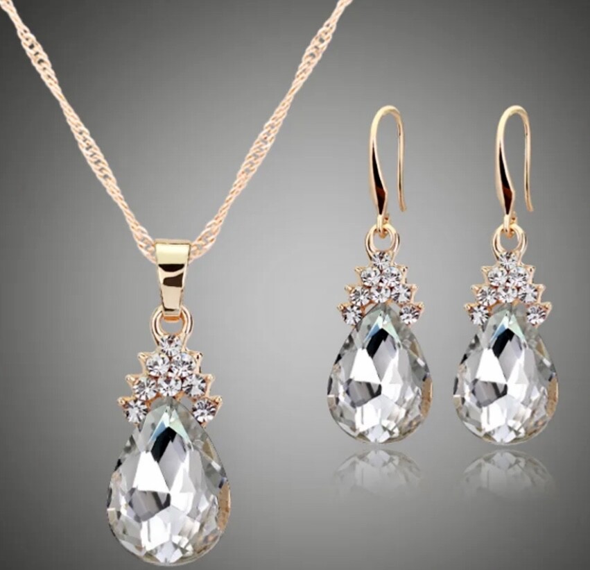 Women’s Crystal Water Droplets Inlay Zircon Rhinestones Earrings/Necklace Set