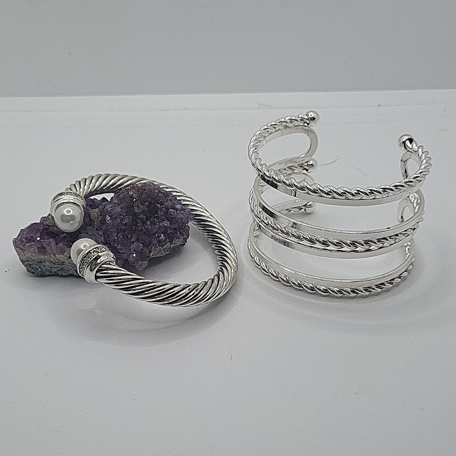 Lot of 2 Silver Tone Rope Twist Cuff Bracelets, Open, Metal, No Stone