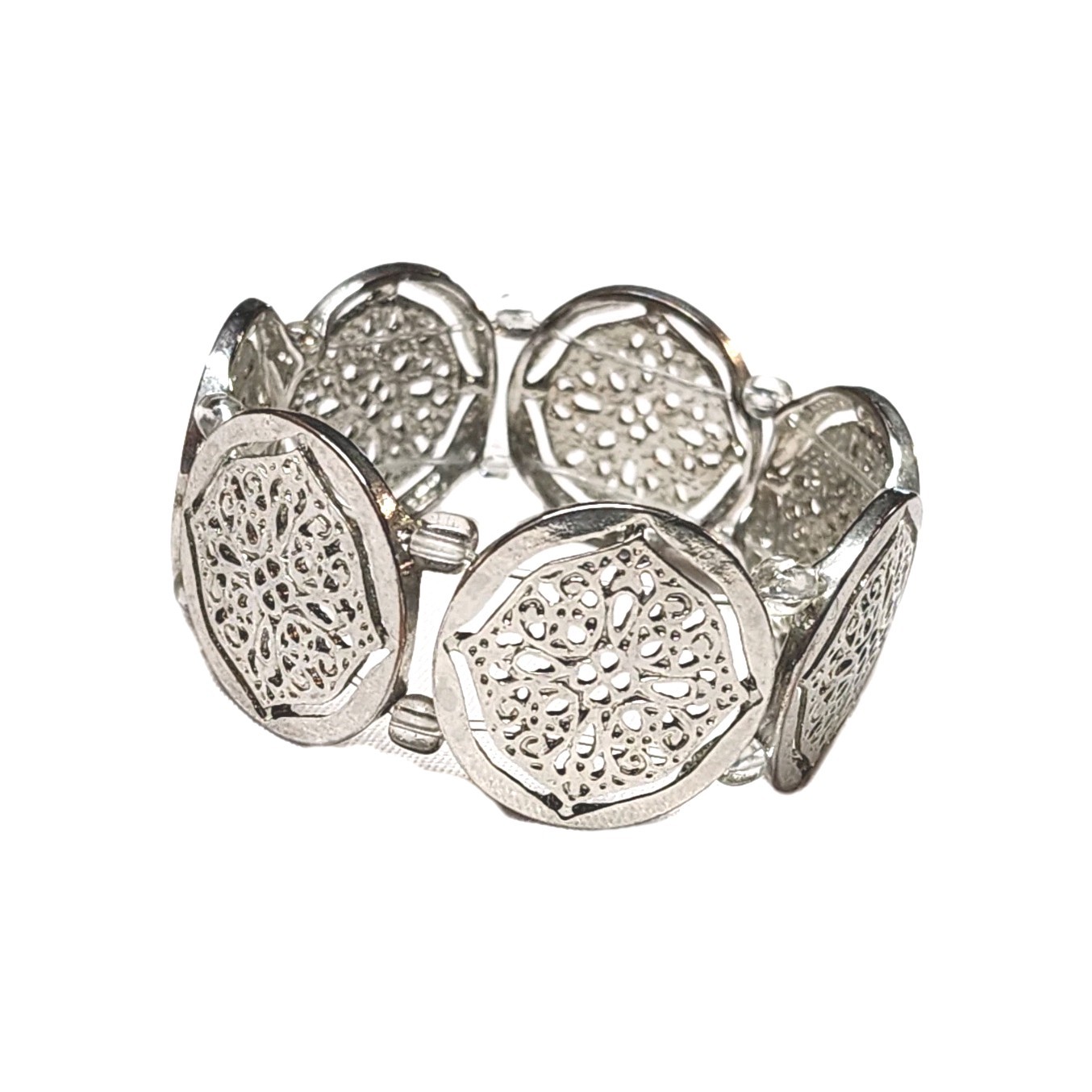 Silver Tone Filigree Round Coin Medallion Stretch Cuff Bangle Bracelet 7″ Boho