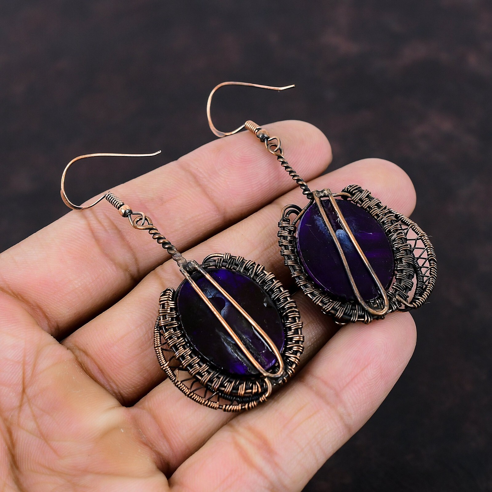 Purple Fire Labradorite Copper Wire Wrapped Drop/Dangle Earrings For Women 2.76″