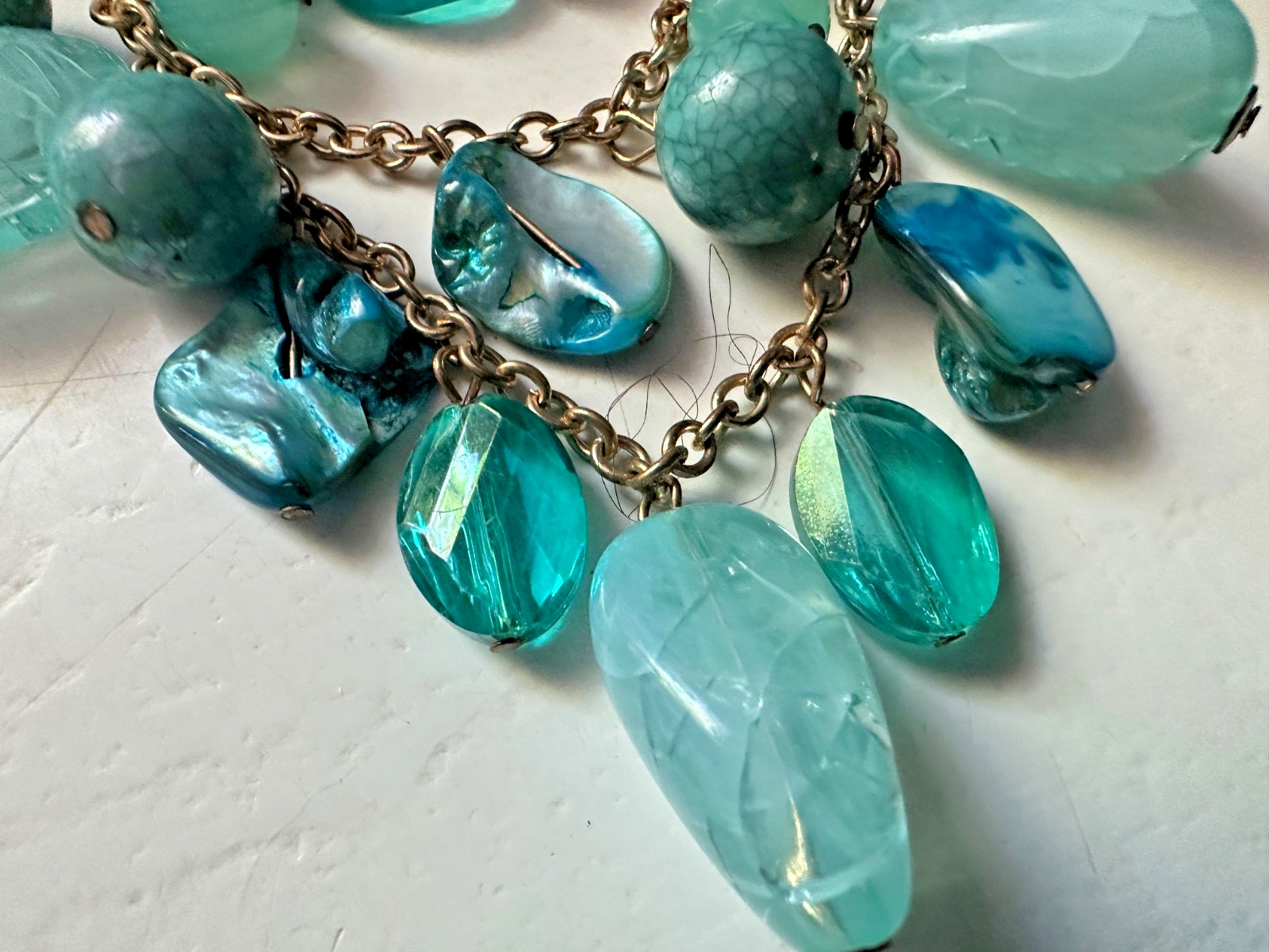 Classic Beach Necklace 3 Strand Layered Glass Blue Turquoise Green Bronze Tone