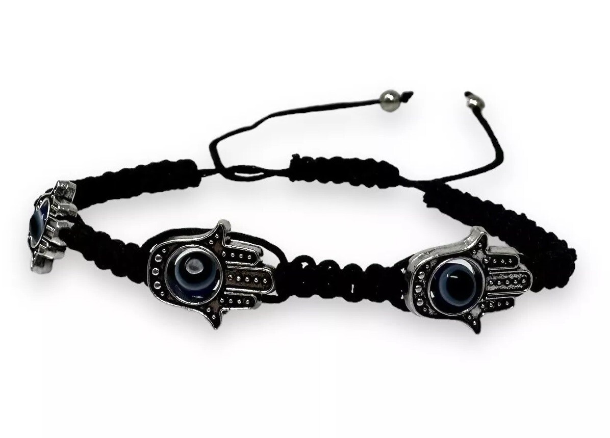 Adjustable Unisex Hamsa Hand Bracelet with Protection Eye Black Macrame Cord
