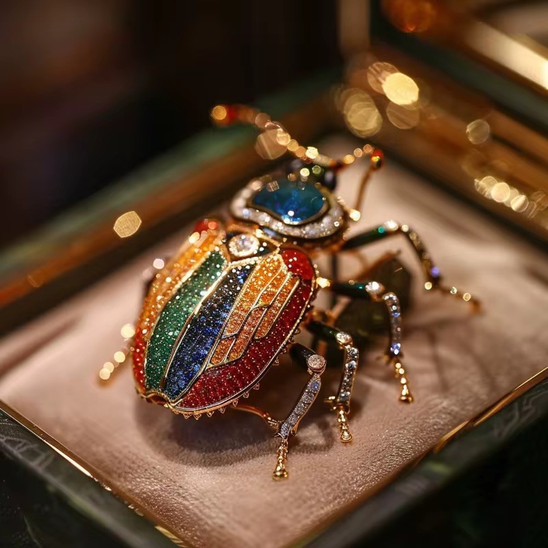 Luxury Jeweled Beetle Brooch – Gold Metal with Blue, Green & Clear Gemstones