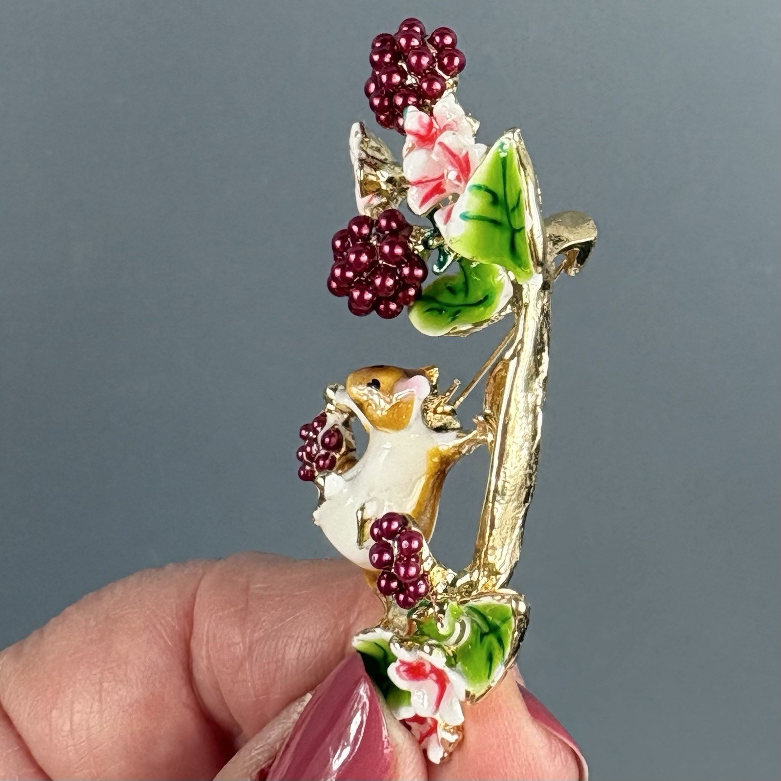 Adorable Mouse Climbing Branch Flowers Enamel Brooch Pin
