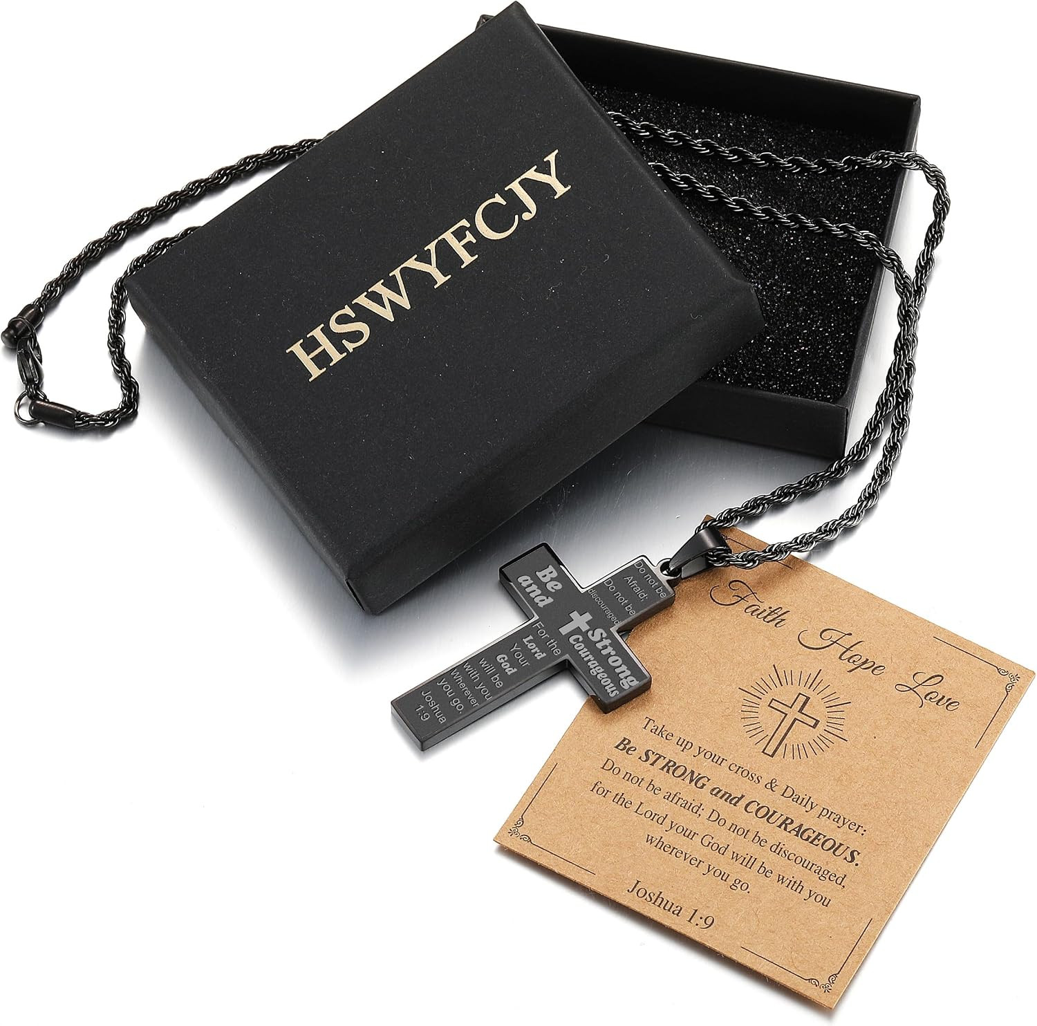 Bible Verse Cross Necklace for Men, Pendant Rope Chain for Baptism, Confirmation