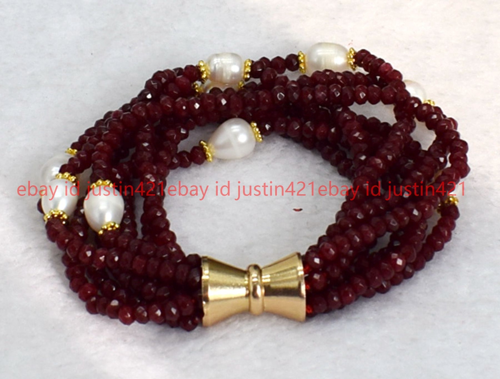 8 Rows 2x4mm Faceted Red Jade & Natural White 7-8mm Rice Pearl Bracelet 7.5″
