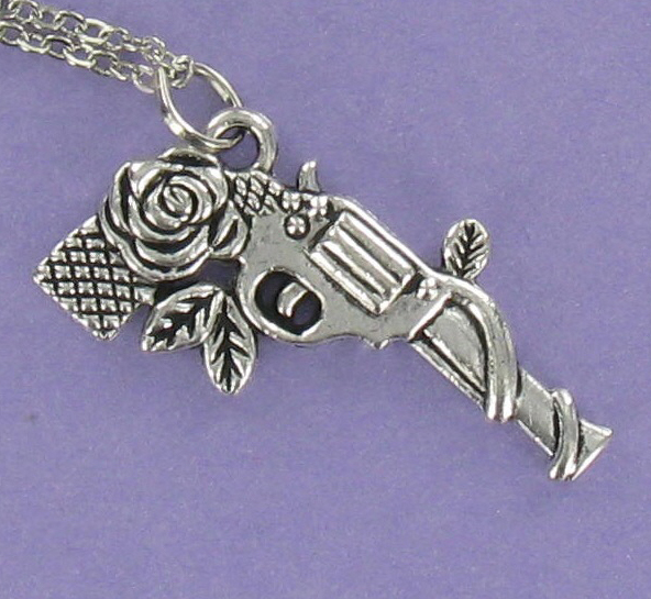 GUN WITH ROSE Necklace on Chain or Charm Only Pewter Revolver Pistol Colt Flower