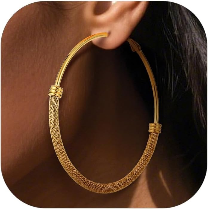 Gold Plated & Black Stainless Steel Chunky Hoop Earrings for Women, 30-100mm