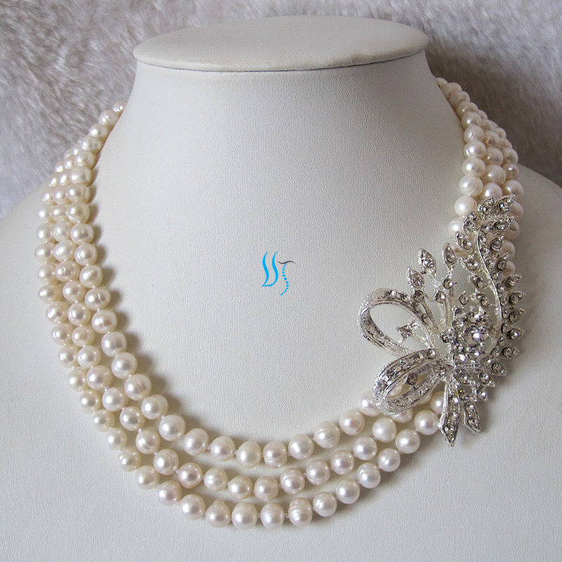 18-20″ 5-7mm White 3Row Freshwater Pearl Necklace X3288 Jewelry