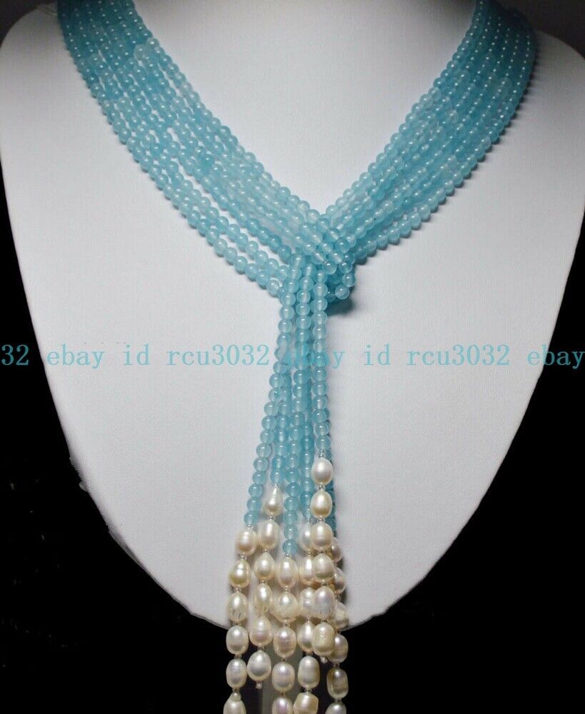 3 Strands 4mm Multicolor Gems 7-8mm White Baroque Pearl Beads Long Necklace 50”