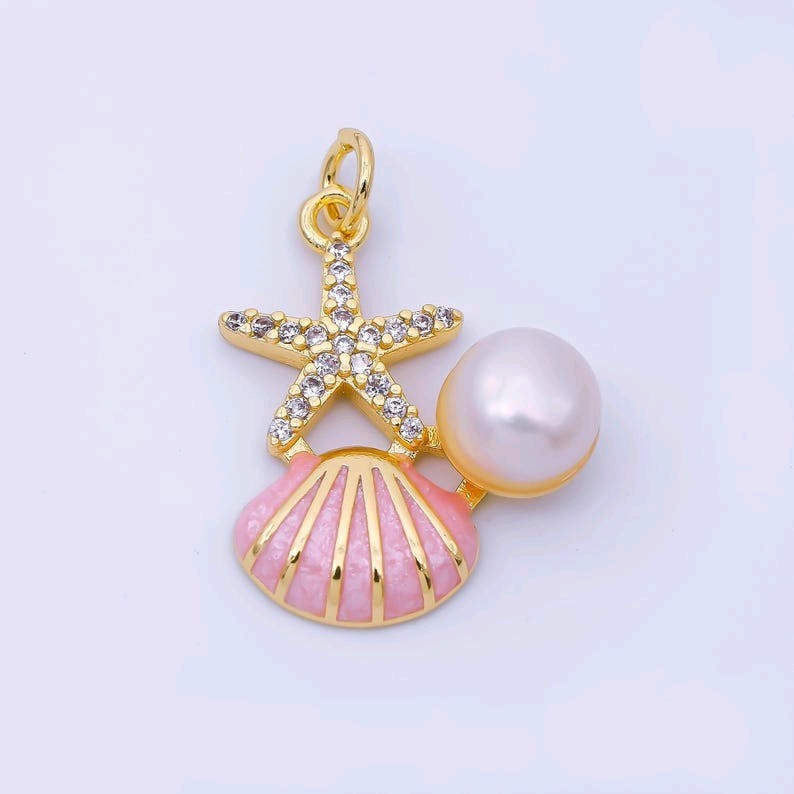 24K Gold Filled Starfish & pink Pearl Seashell Charm 22.8mm Beach Jewelry DIY