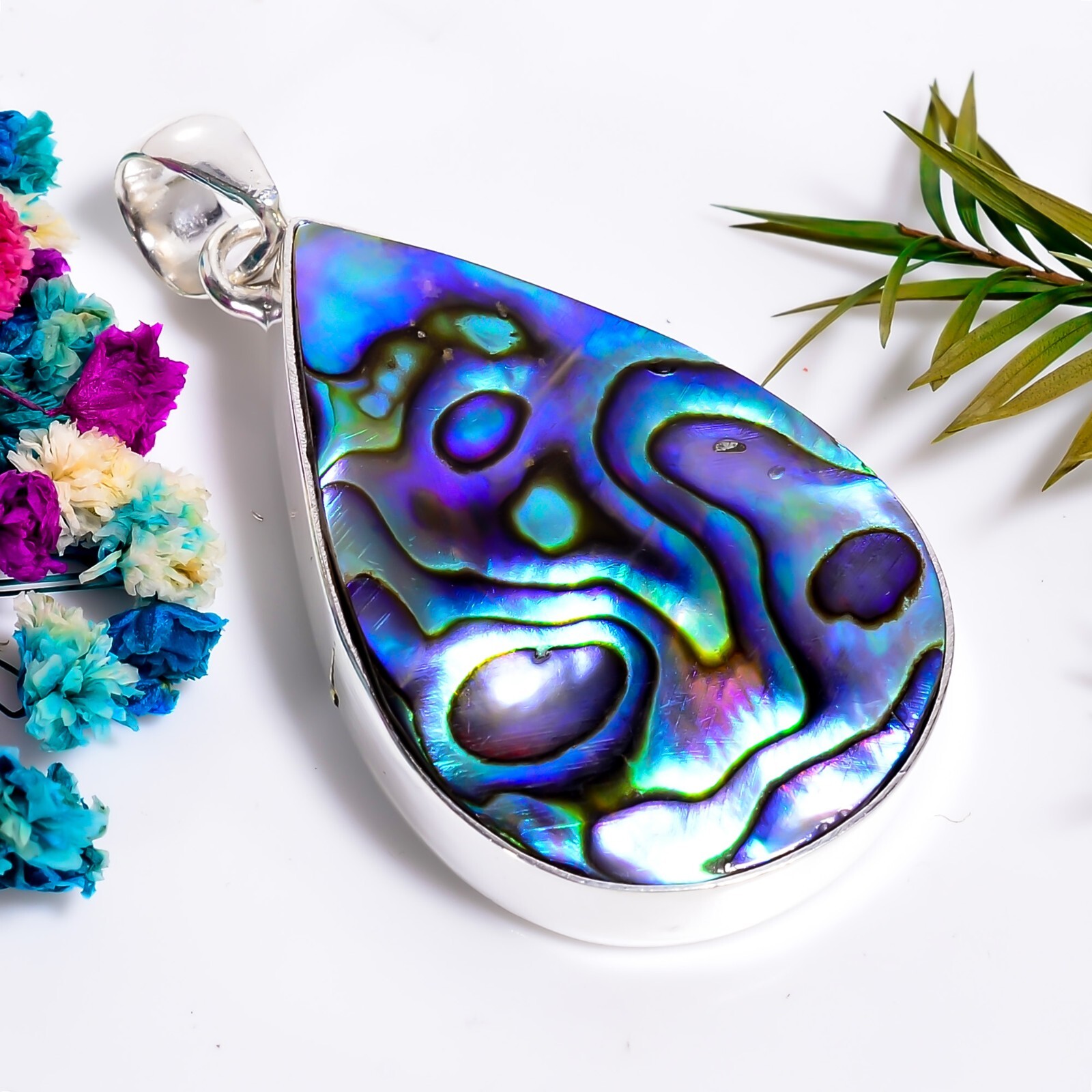 Abalone Shell Gemstone Ethnic Handmade Jewelry.925 Silver Pendant