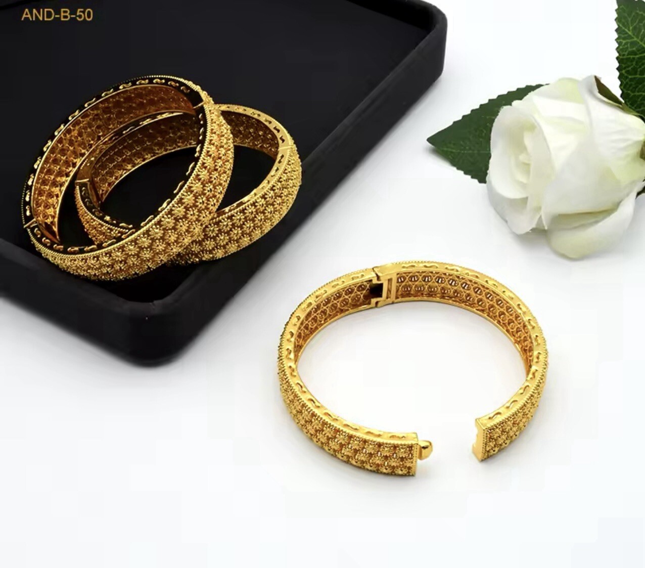 2 Gold Handmade 24K Gold Plated Dubai Indian Bangle Design Push Lock UK (S 6 cm)
