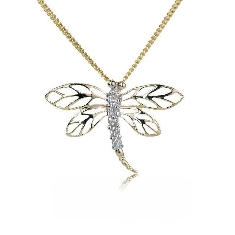 Pretty Dragonfly Fancy Pendant Round Simulated Diamond In 14K Yellow Gold Plated