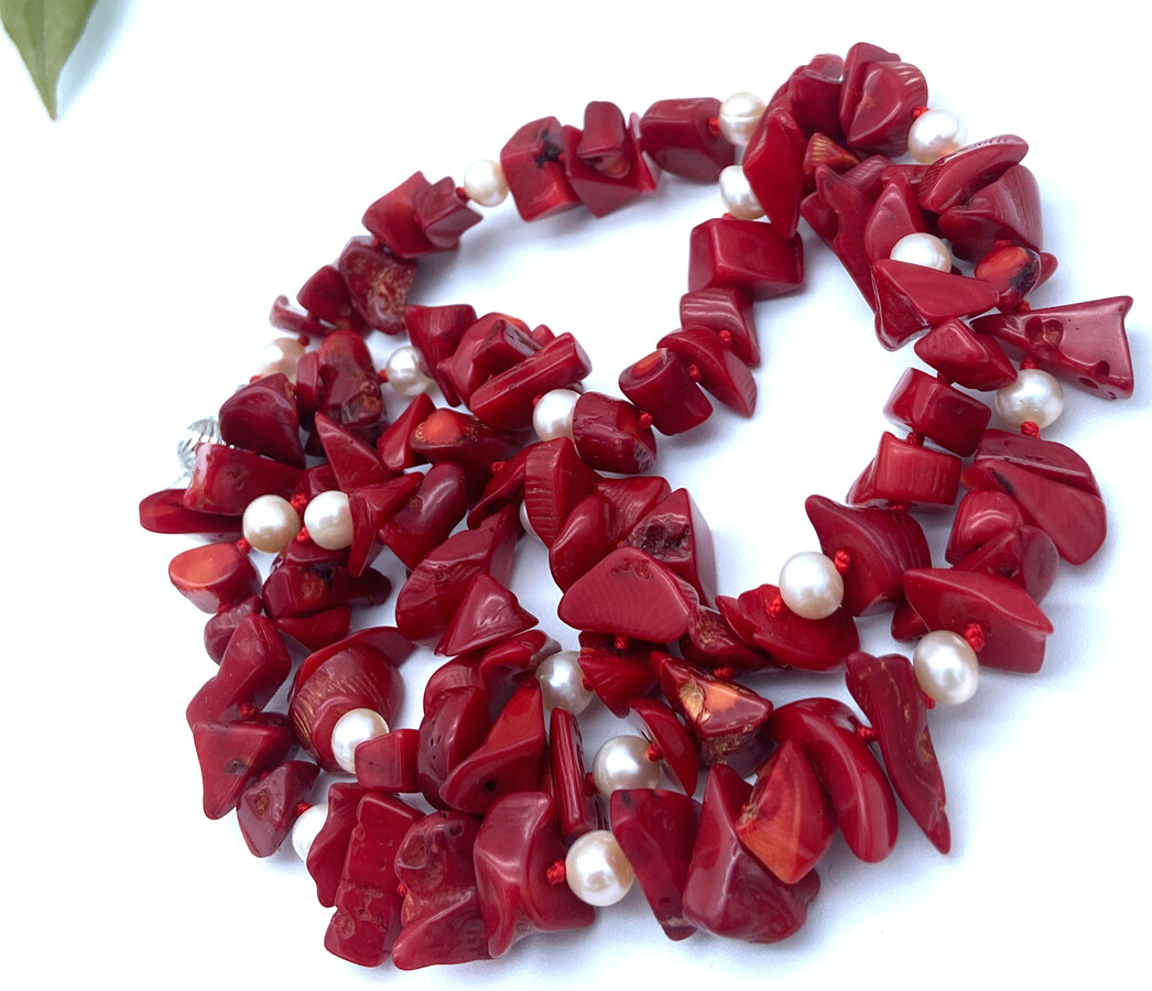 Red Nature Coral Gemstone & white pearl Chips Strand/String Necklaces 16-50“
