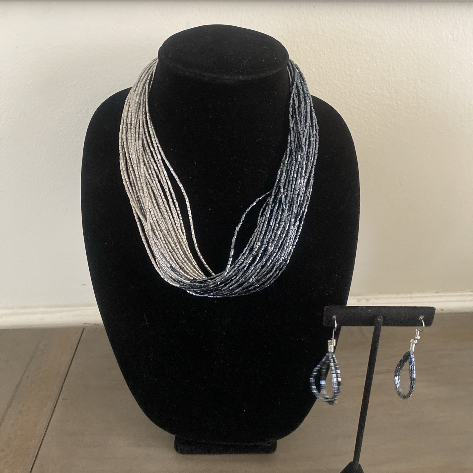 Necklace Earring Two Tone Set Pewter Silver Beaded Boho Chic Resort Glam Summer