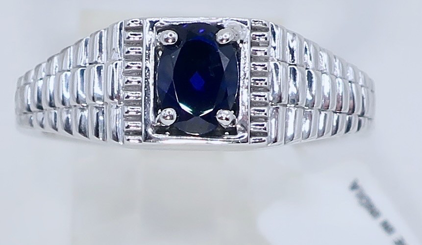 Signed Karis Men’s Statement Sz. 12 Ring Oval Blue Faux Sapphire Platinum Bonded