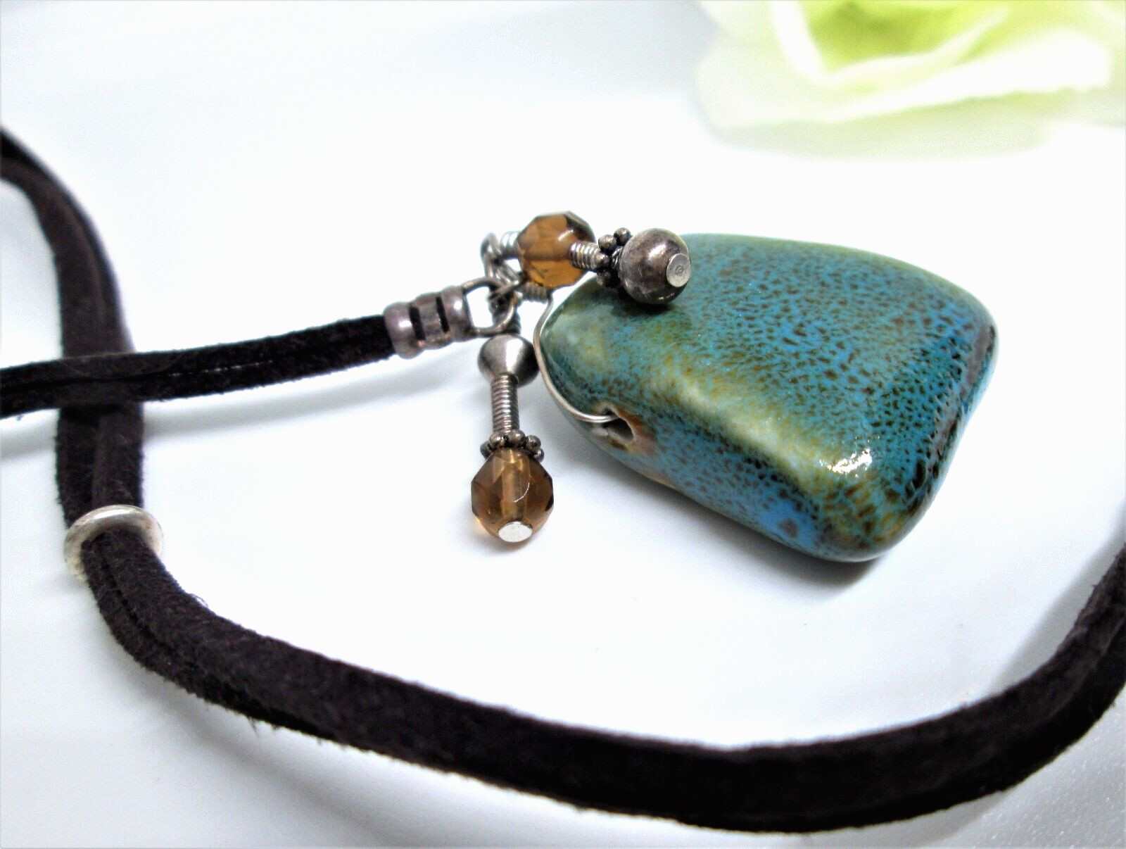 Boho Unisex Necklace Bolo Pendant Glazed Ceramic Leather Cord with Dangle Beads
