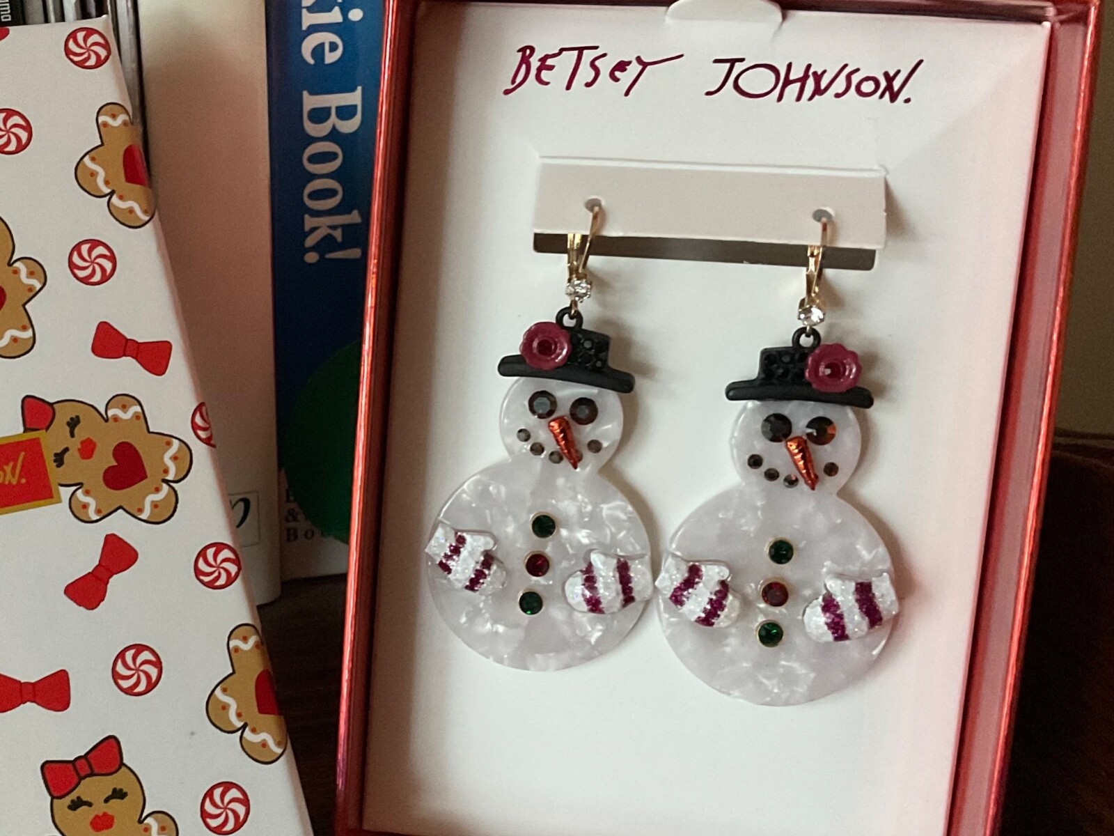 Betsey Johnson Signed Snowman Dangle Earrings Statement Big Fun Festive