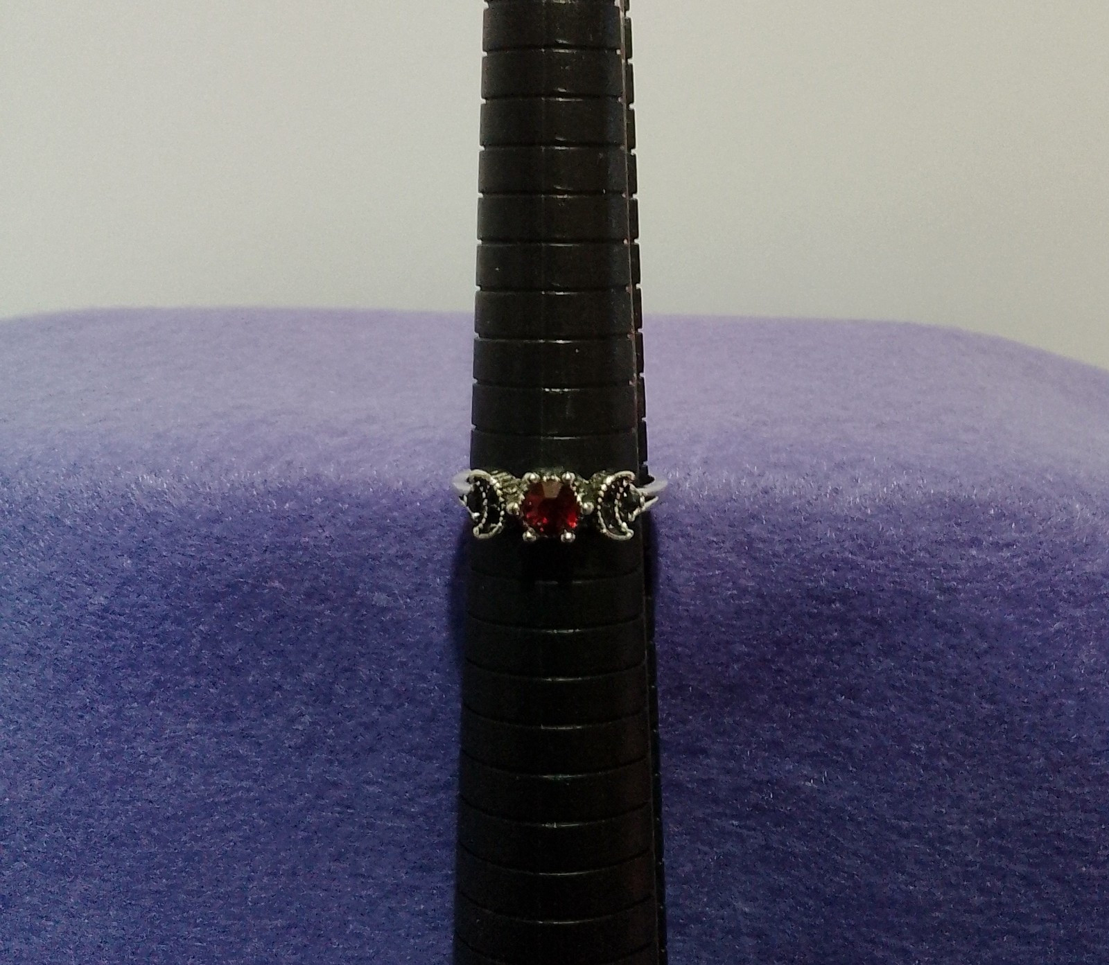 ‘Triple Moon’ Silver Plated Alloy Ring with CZ Ruby & Onyx Accents Size 9