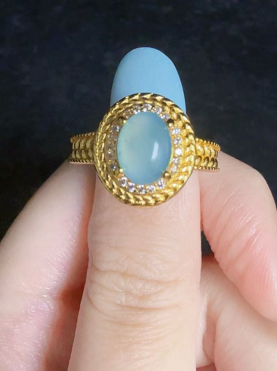 Natural sky blue jadeite ring 24K gold plated copper