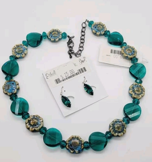 Teal Green Floral Necklace & Earring Flower Set 2 PC Gun Metal Black