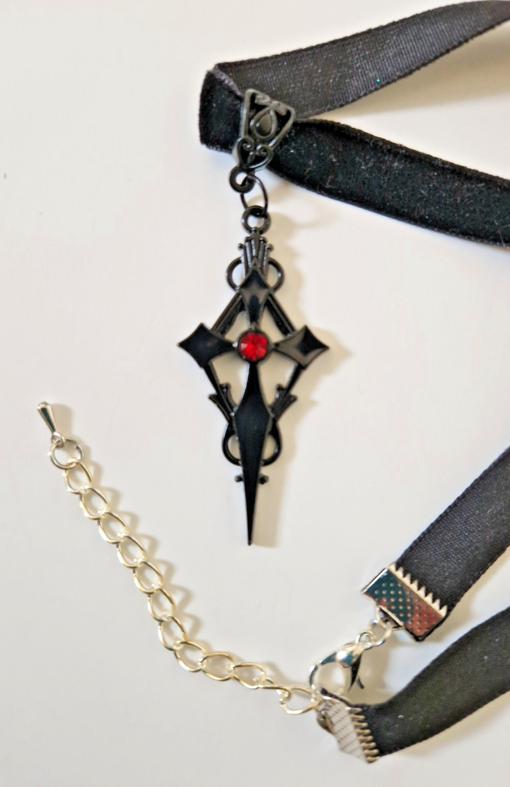 Handmade 14 inch velvet choker with black ornate cross with red gemstone, Goth