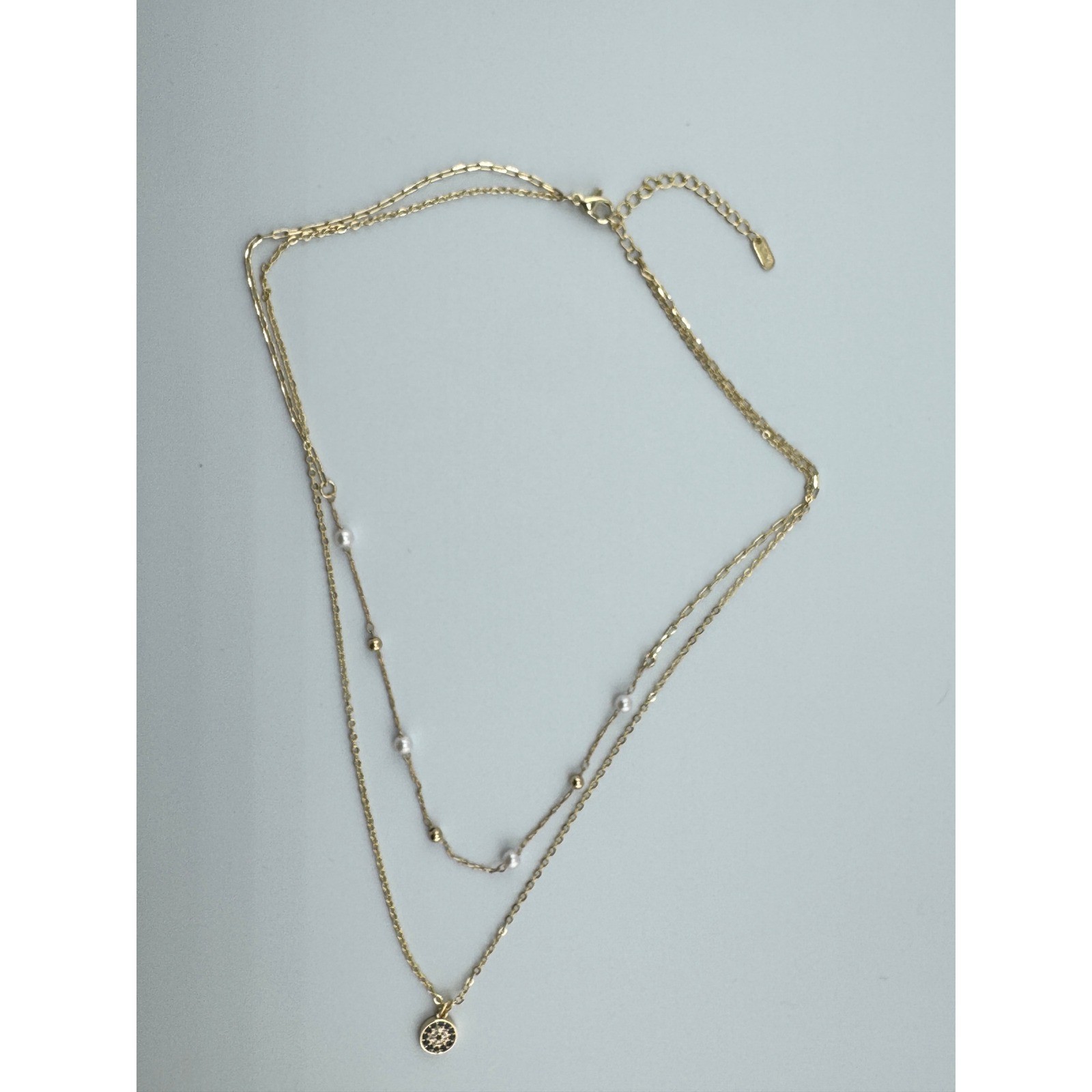 14k Gold Plated Double Layer Evil Eye Necklace Pearl Bead Hypoallergenic