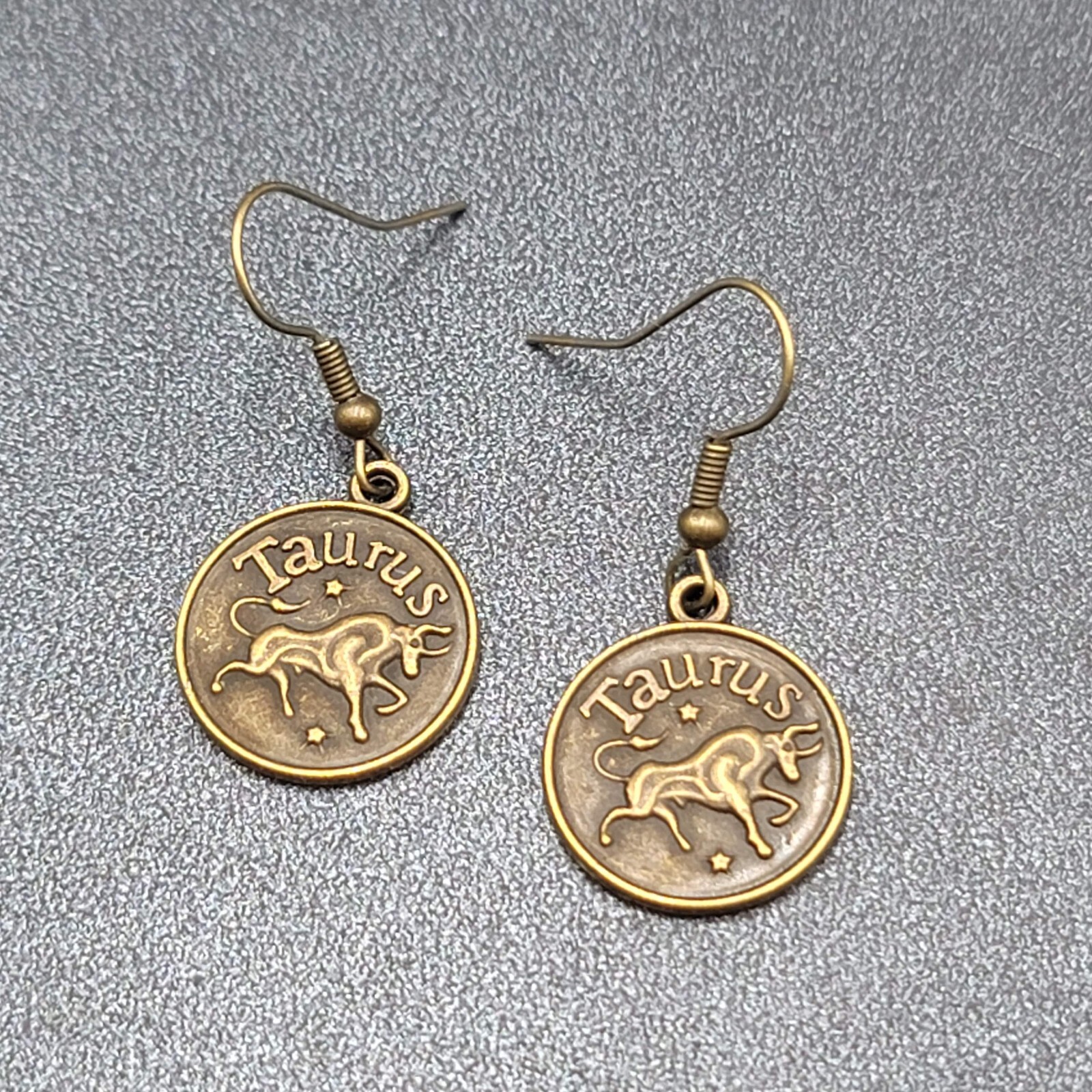 Zodiac Pierced Earrings Antiqued Gold tone Dangle Round 3/4″