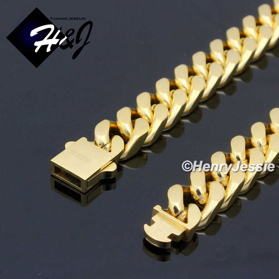 7.5″-11″MEN Stainless Steel 7/10/12mm Gold Plated Miami Cuban Curb Bracelet*G166