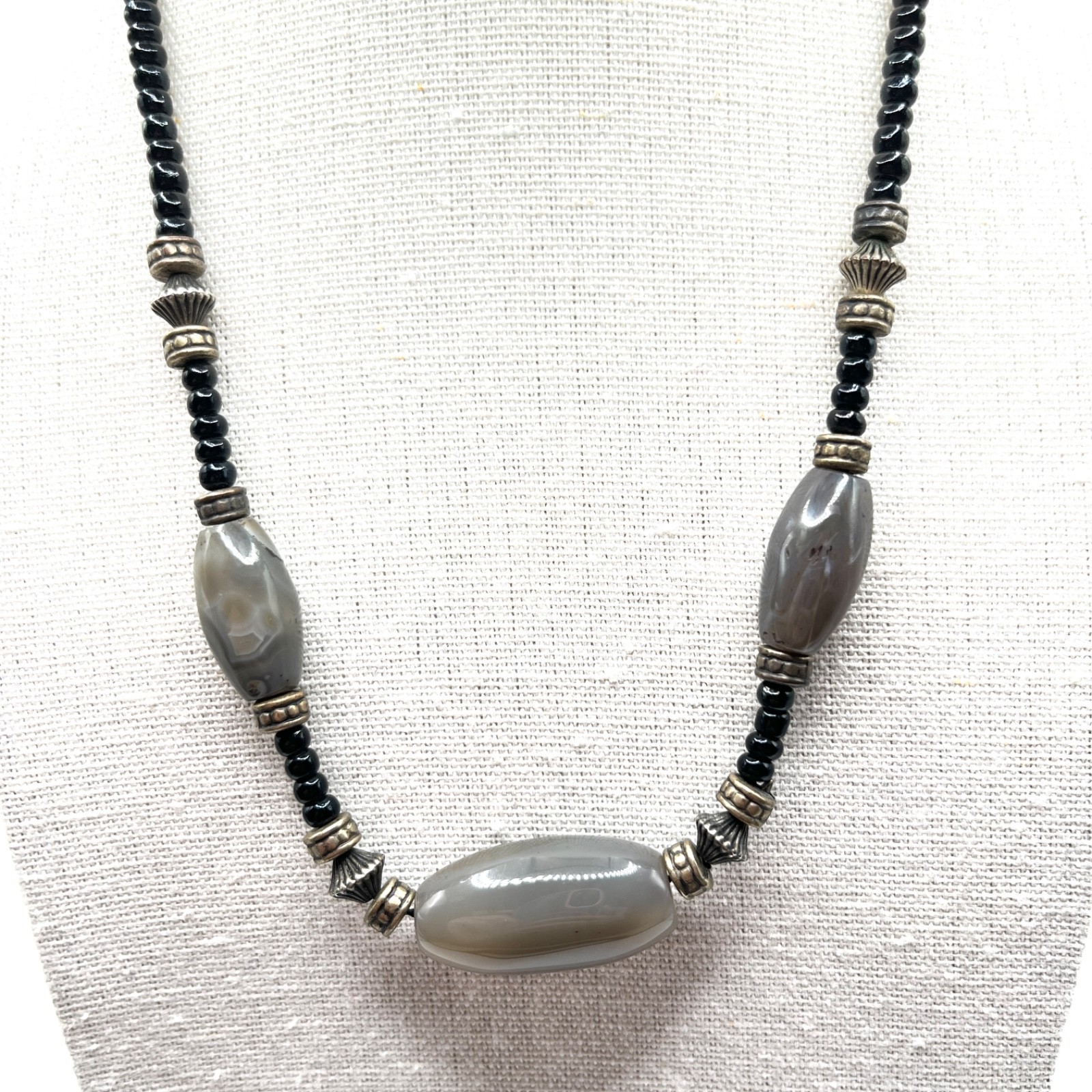 Boho Necklace Gray Brown Stone w/ Bronze Tone and Black Bead Spacers 16″