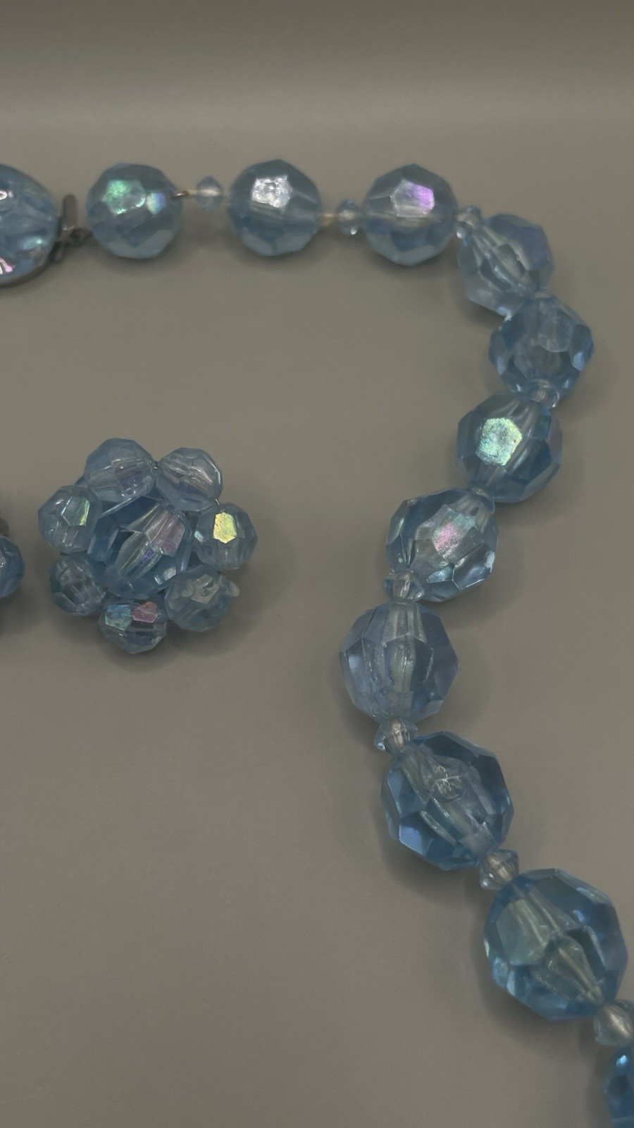 Austria Necklace Clip On Earrings Set Faceted Blue Beaded