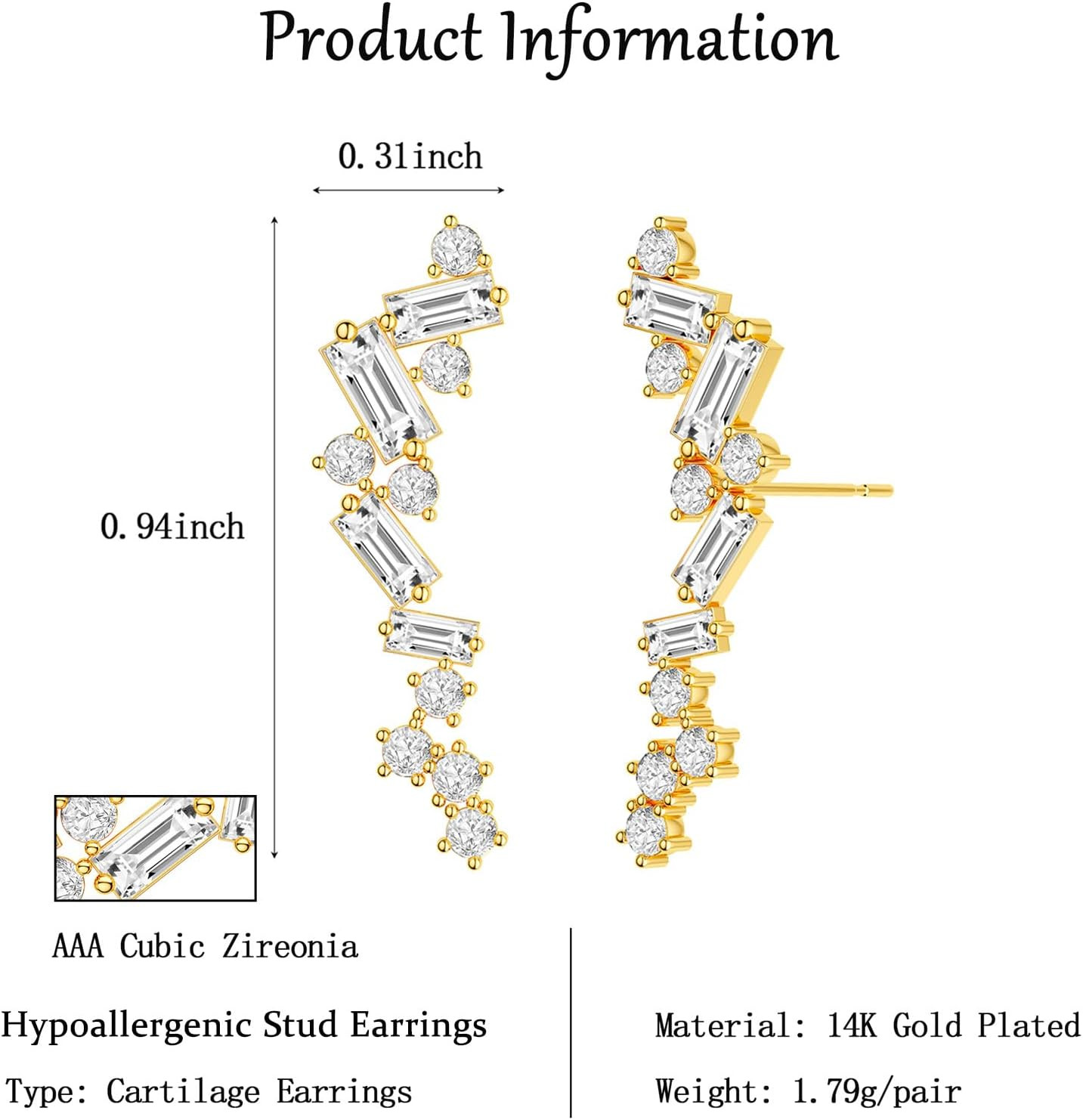 Star 14K Gold Plated Ear Cuff Earrings for Women Non Piercing, Dainty Silver Pla