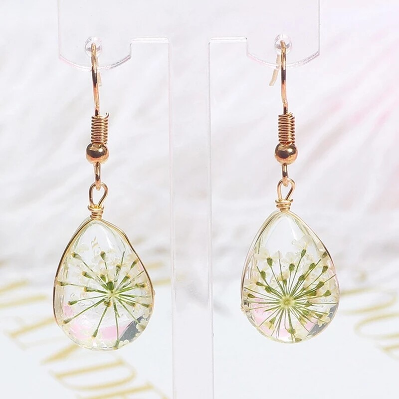 REAL Flower Earrings Dried Pressed resin glossy rose daisy gold Cottagecore cute