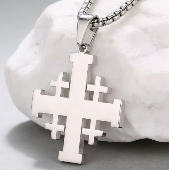 Stainless Steel Silver Shiny Plain Jerusalem Cross + 50cm (19.7in) chain