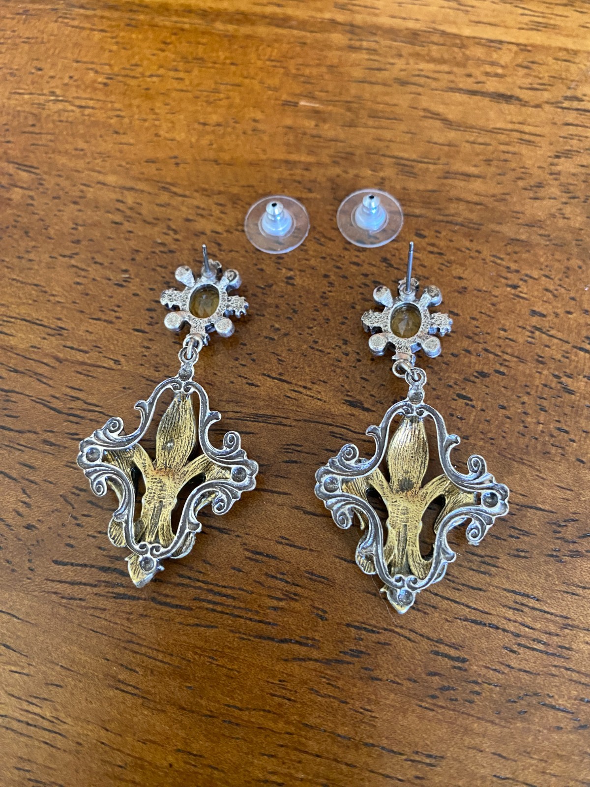Sweet Romance French Fleur De Lis Earrings Burnished Silver & Bronze & Crystals