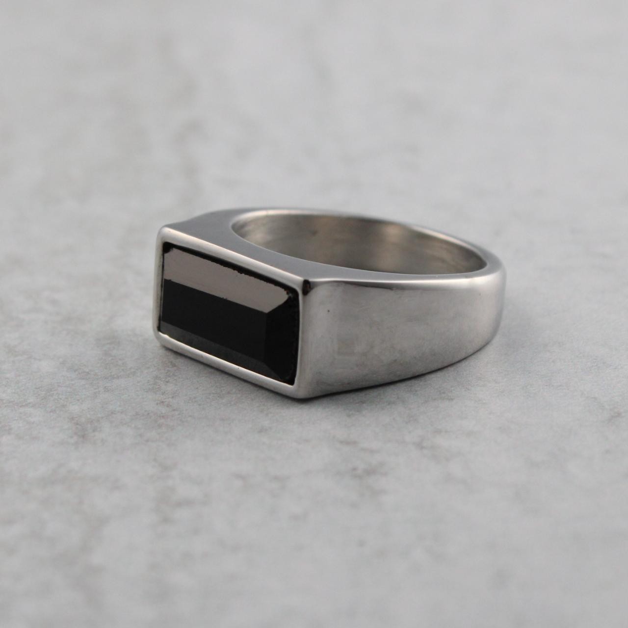 Silver Onyx Rectangle Signet Ring Stainless Steel Pinky Ring