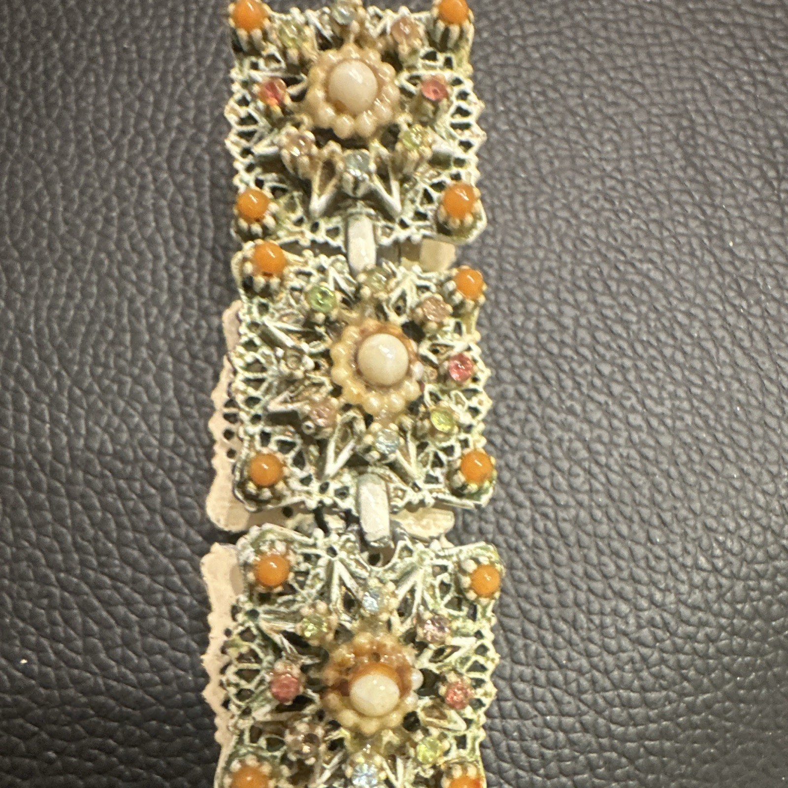Vtg ART Arthur Pepper Enamel Filigree Bracelet Faux Pearl Orange Coral Color