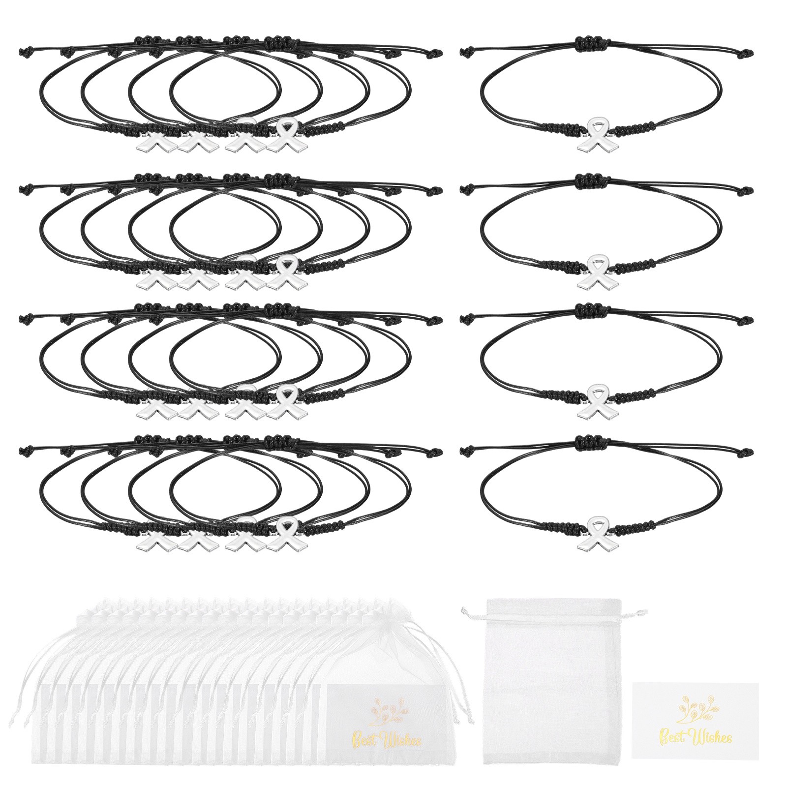 20Pcs Breast Cancer Bracelets Adjustable Care Set with Card & Mesh Bag Black
