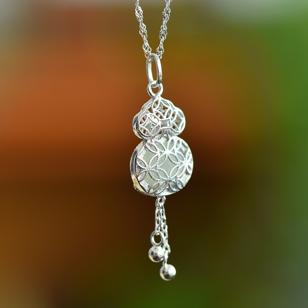 925 Silver with Hetian Jade egg face Fukushou Qi Ling tassel enamel pendant