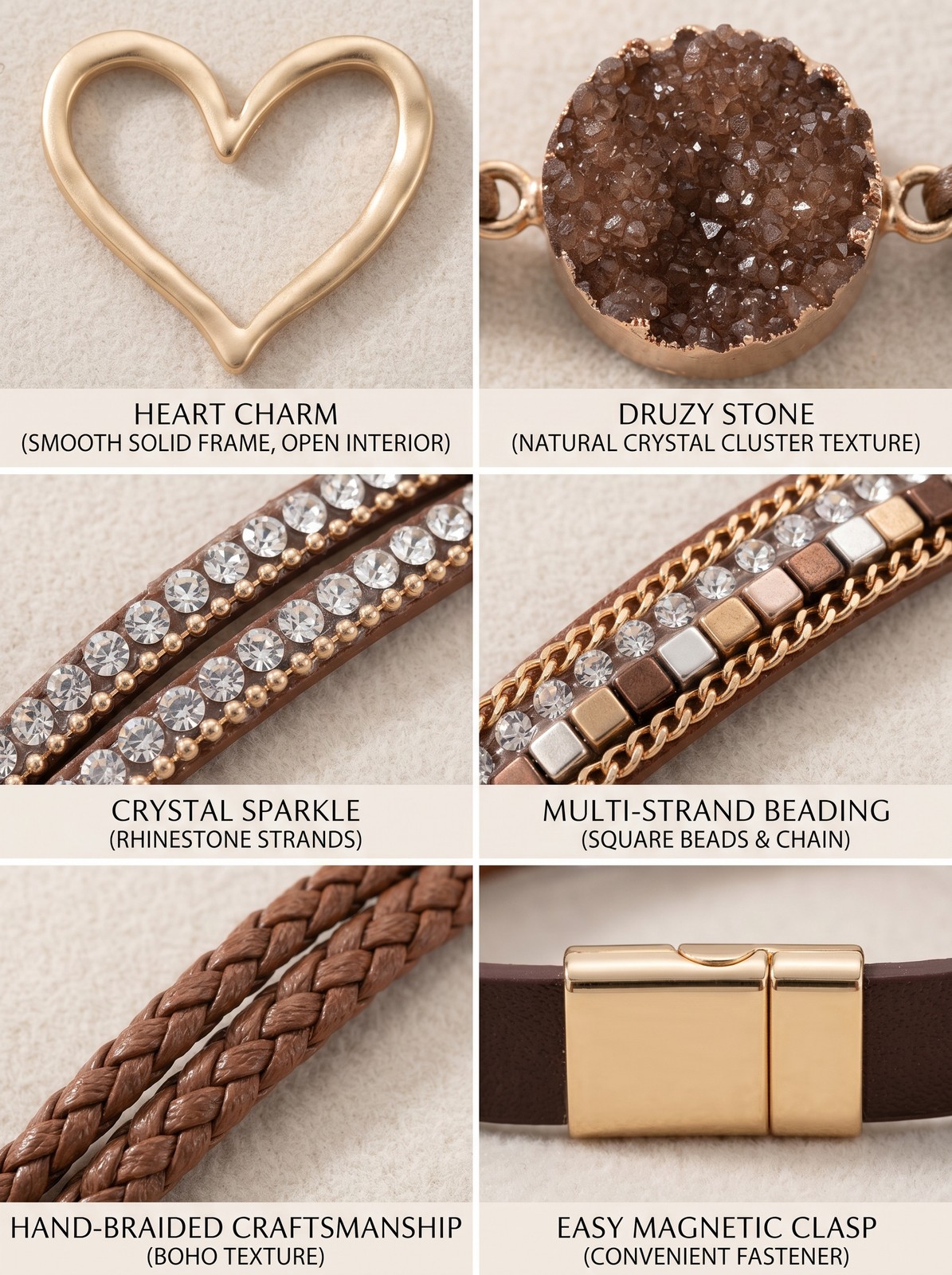 Romantic Boho Heart Wrap Bracelet – Coffee Brown Multi-Strand Leather w/ Stone